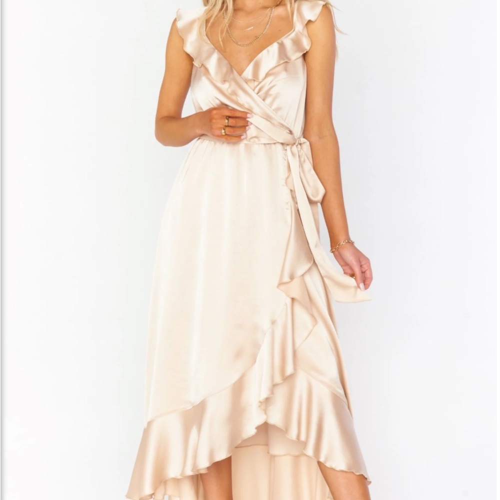 Show Me Your MuMu Champagne Luxe Satin Samantha Ruffle Wrap Dress